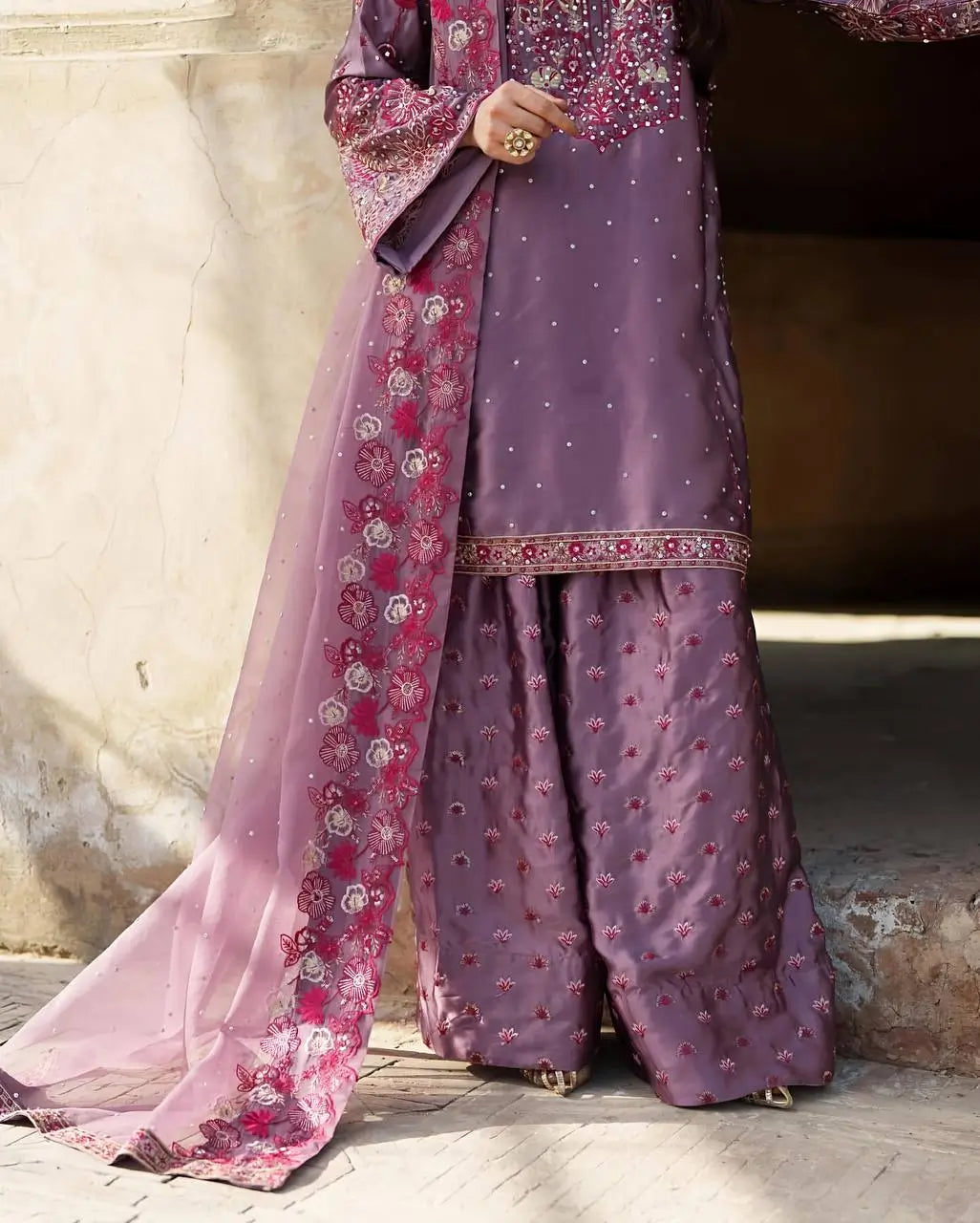 Designer Chinnon Silk Embroidered Sharara Set