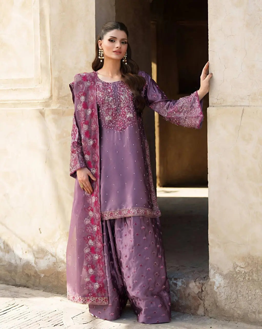 Designer Chinnon Silk Embroidered Sharara Set