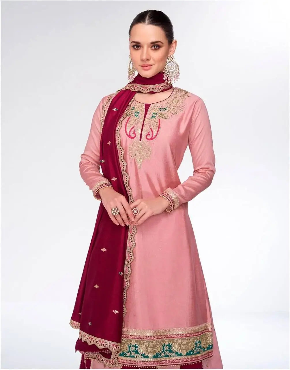 Designer Chinnon Silk Embroidered Sharara Set