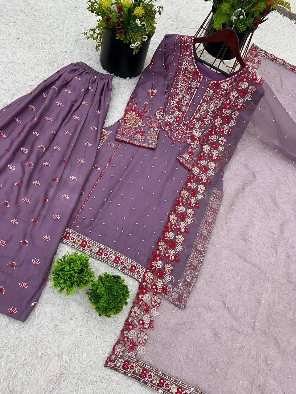 Designer Chinnon Silk Embroidered Sharara Set