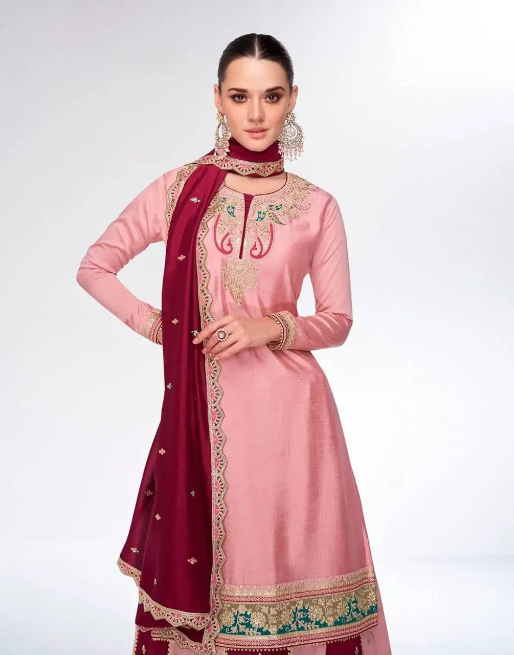 Designer Chinnon Silk Embroidered Sharara Set