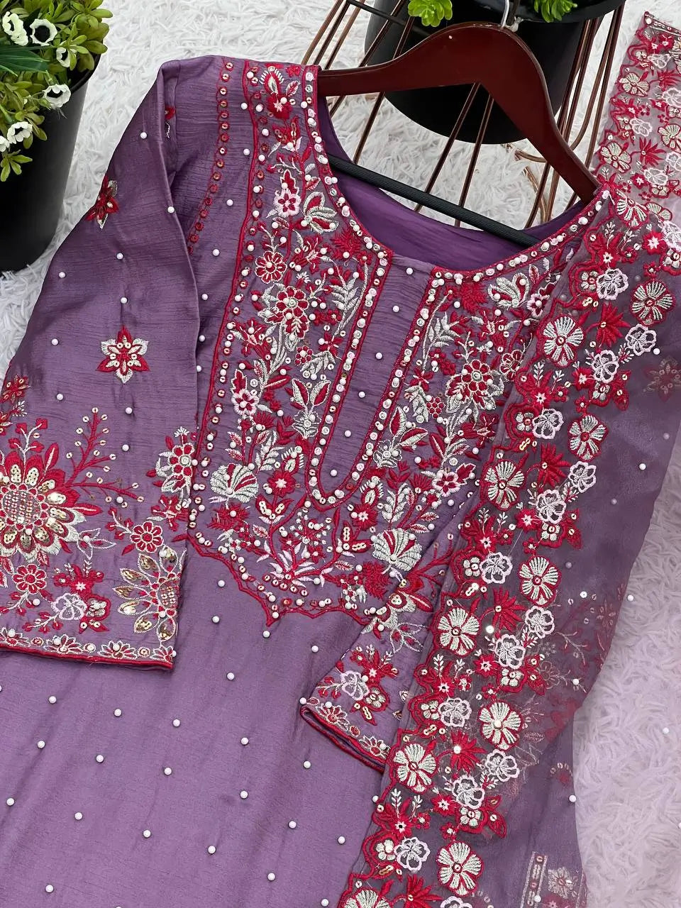 Designer Chinnon Silk Embroidered Sharara Set