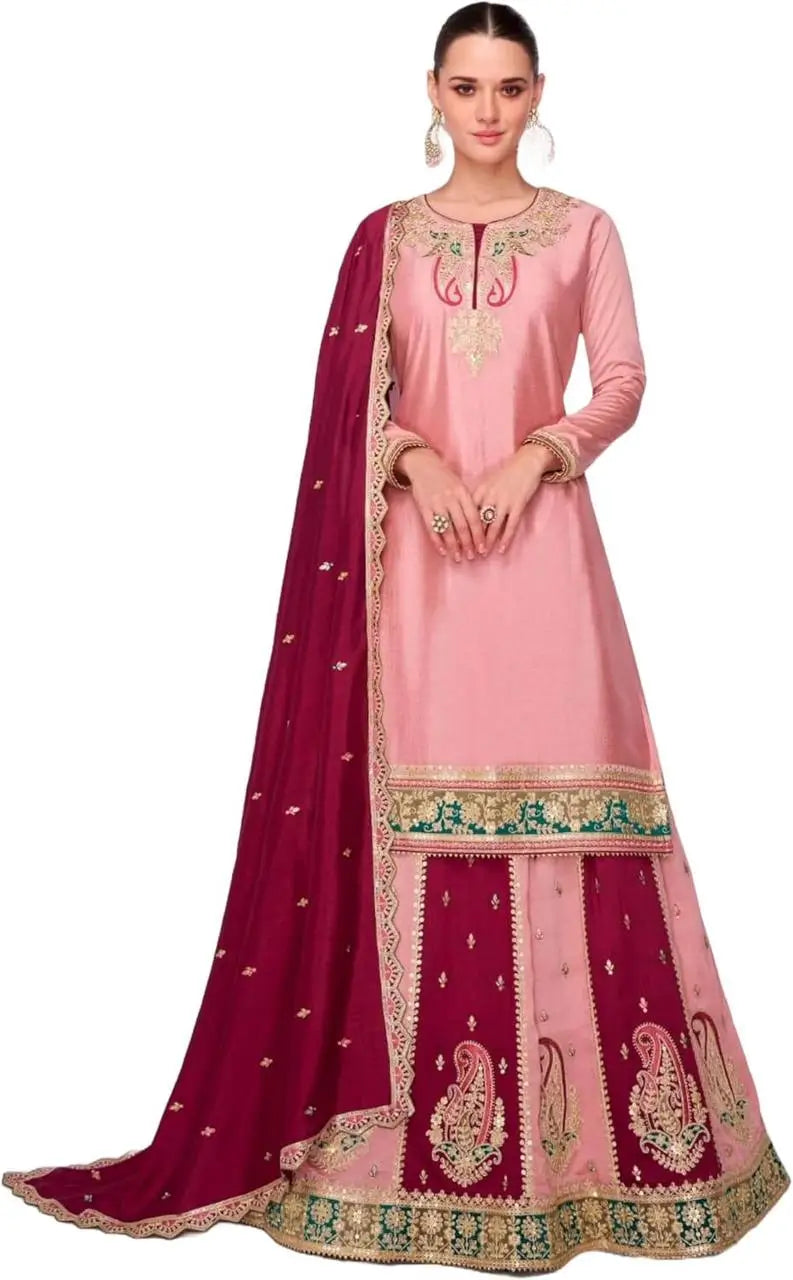 Designer Chinnon Silk Embroidered Sharara Set