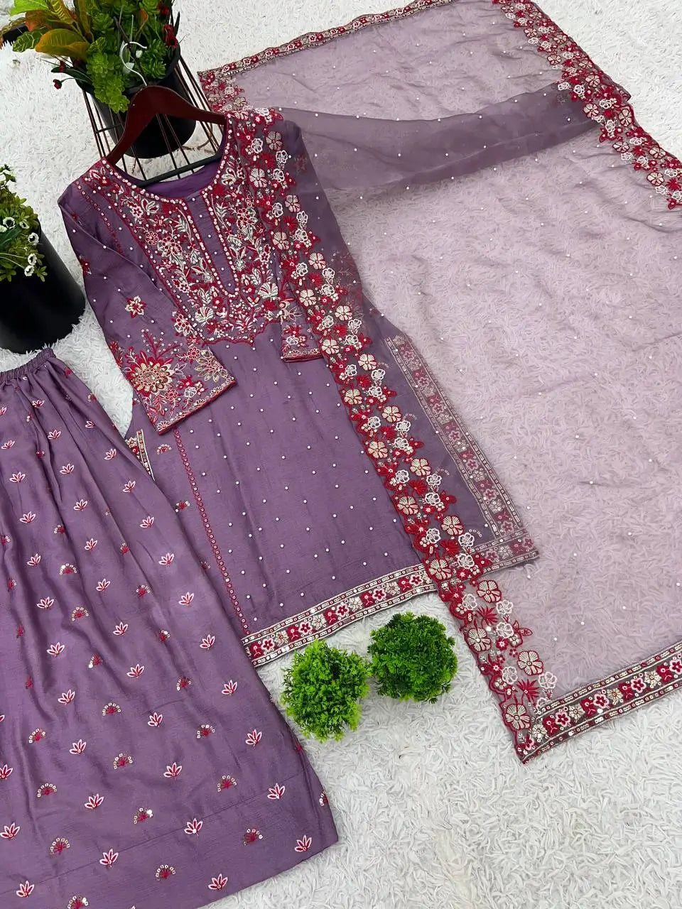 Designer Chinnon Silk Embroidered Sharara Set