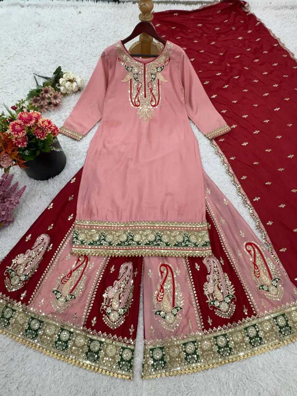 Designer Chinnon Silk Embroidered Sharara Set