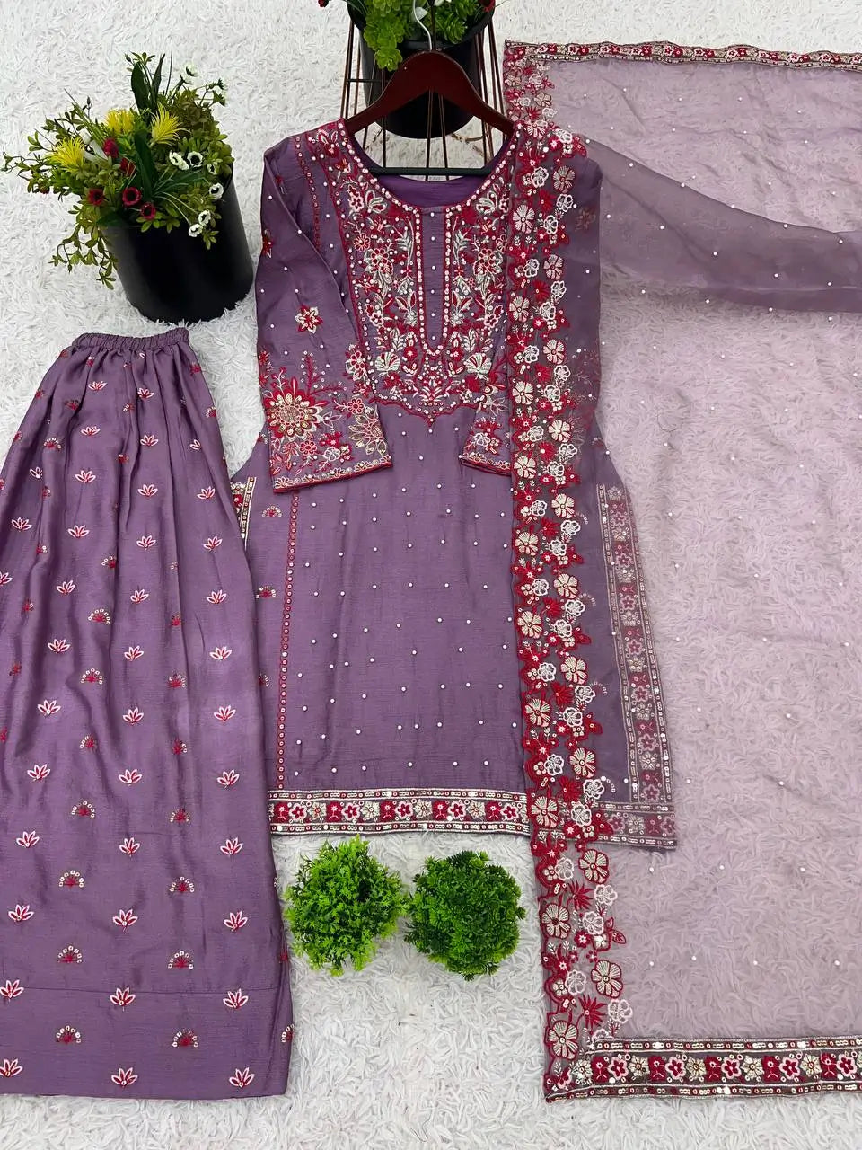 Designer Chinnon Silk Embroidered Sharara Set