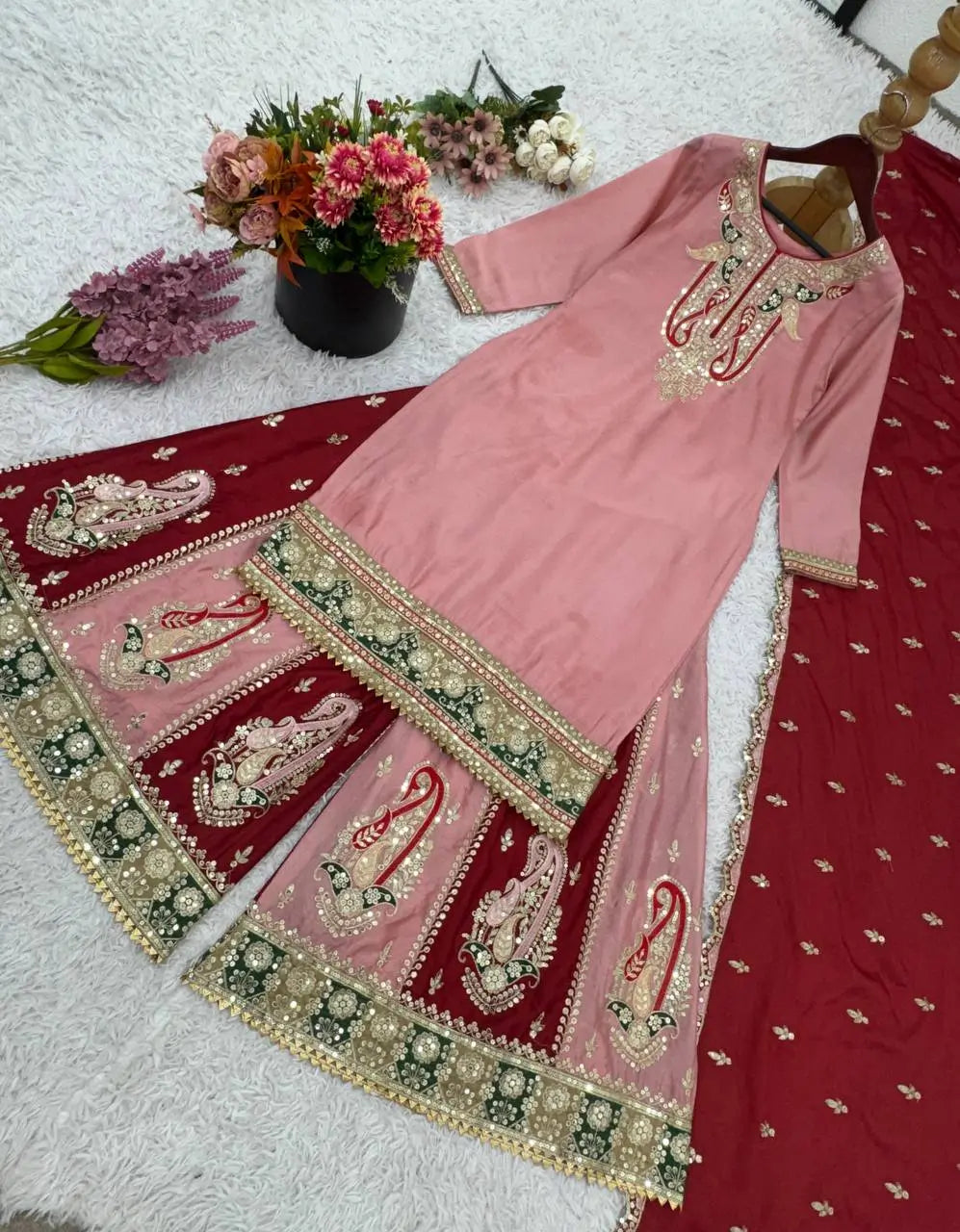 Designer Chinnon Silk Embroidered Sharara Set
