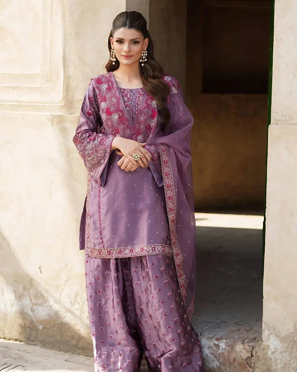 Designer Chinnon Silk Embroidered Sharara Set