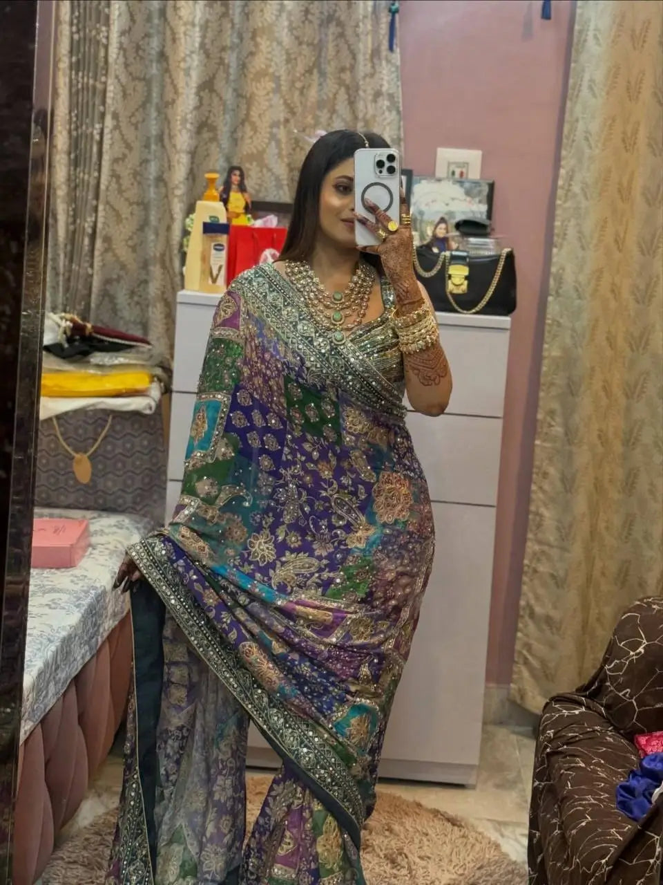 Designer Chinnon Silk Saree with Mirror Work for Festive and Wedding Wear