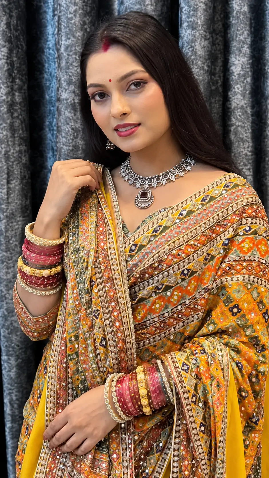 Designer Chinnon Silk Saree with Mirror Work for Festive and Wedding Wear