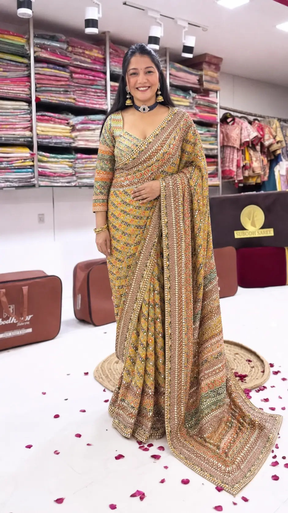 Designer Chinnon Silk Saree with Mirror Work for Festive and Wedding Wear