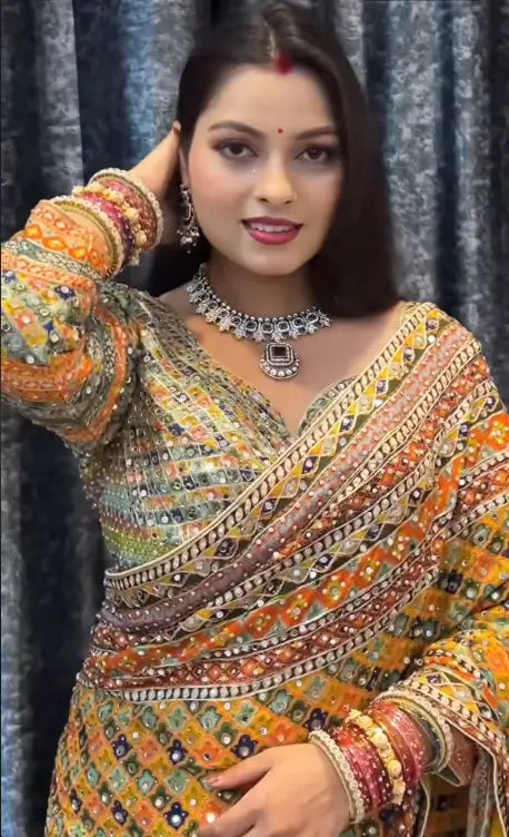 Designer Chinnon Silk Saree with Mirror Work for Festive and Wedding Wear