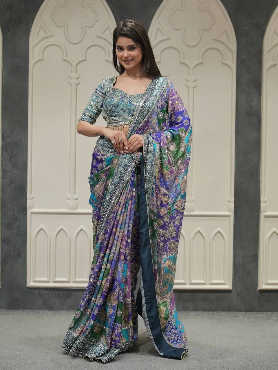 Designer Chinnon Silk Saree with Mirror Work for Festive and Wedding Wear