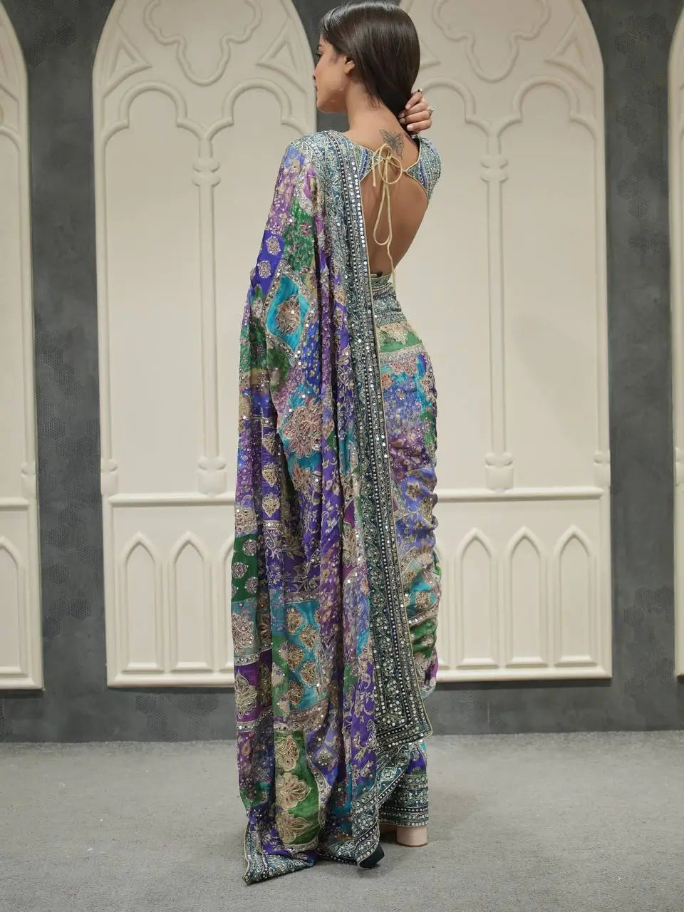 Designer Chinnon Silk Saree with Mirror Work for Festive and Wedding Wear