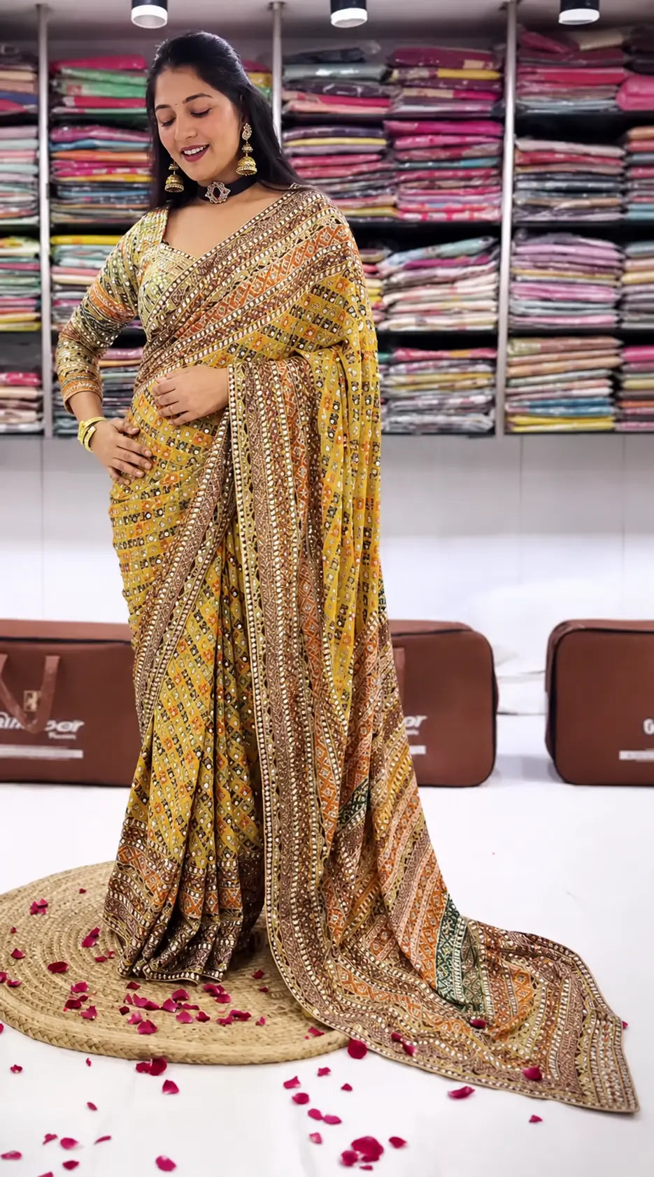 Designer Chinnon Silk Saree with Mirror Work for Festive and Wedding Wear