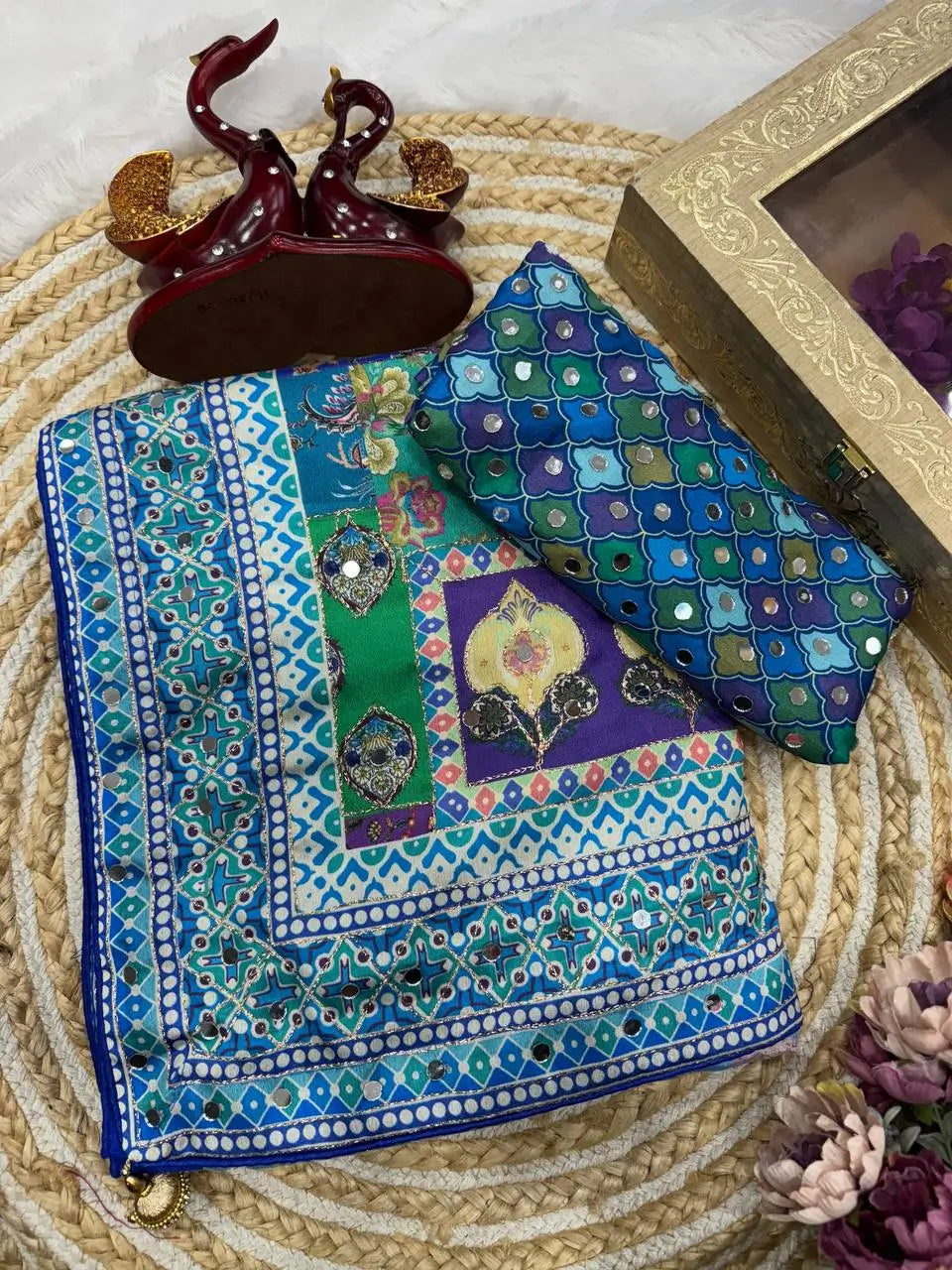 Designer Chinnon Silk Saree with Mirror Work for Festive and Wedding Wear