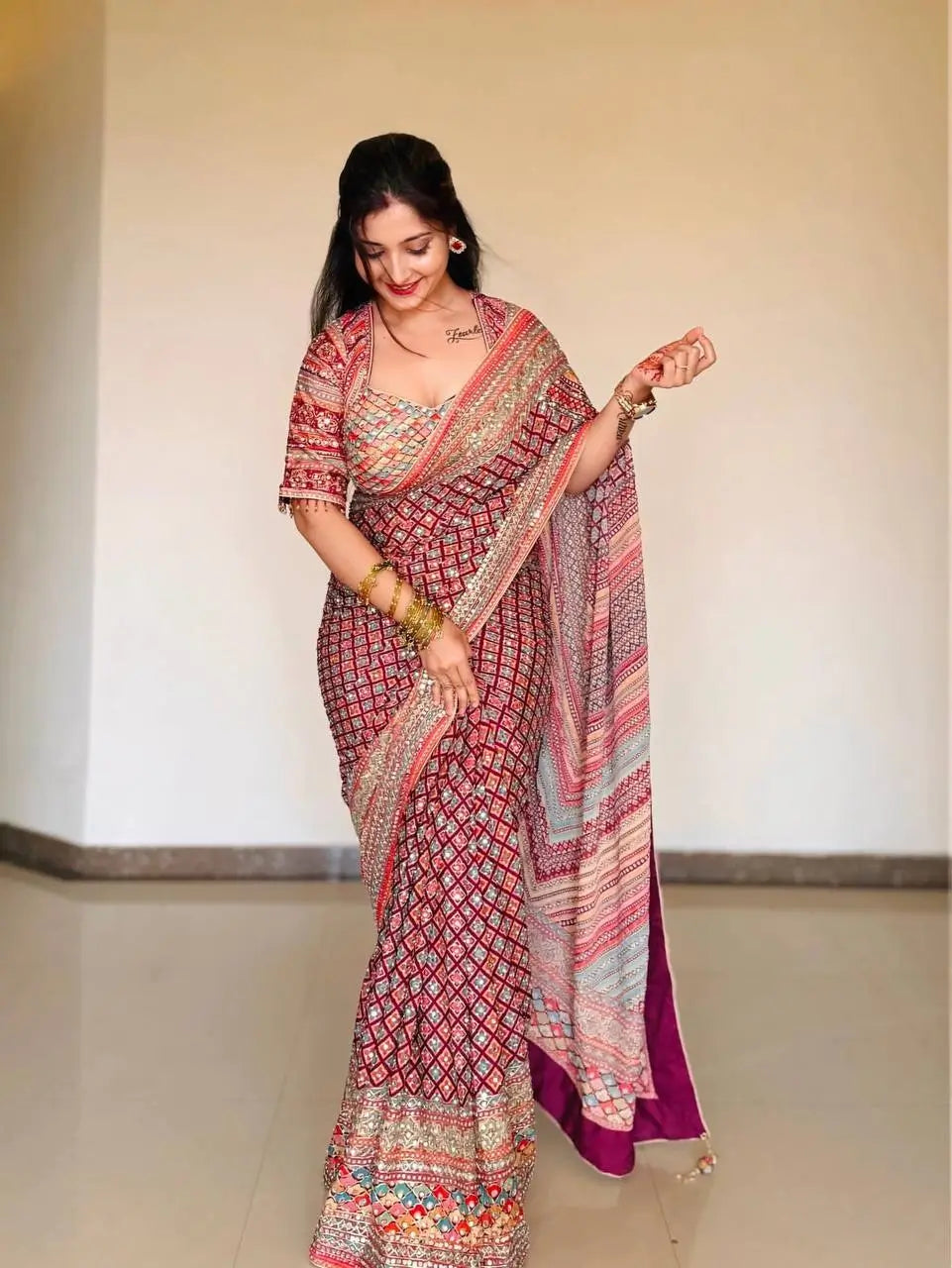 Designer Chinnon Silk Saree with Mirror Work for Festive and Wedding Wear