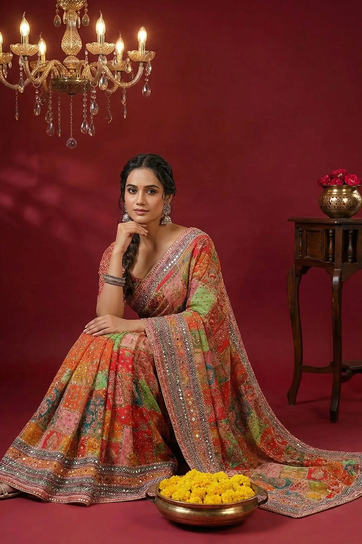 Designer Chinnon Silk Saree with Mirror Work for Festive and Wedding Wear