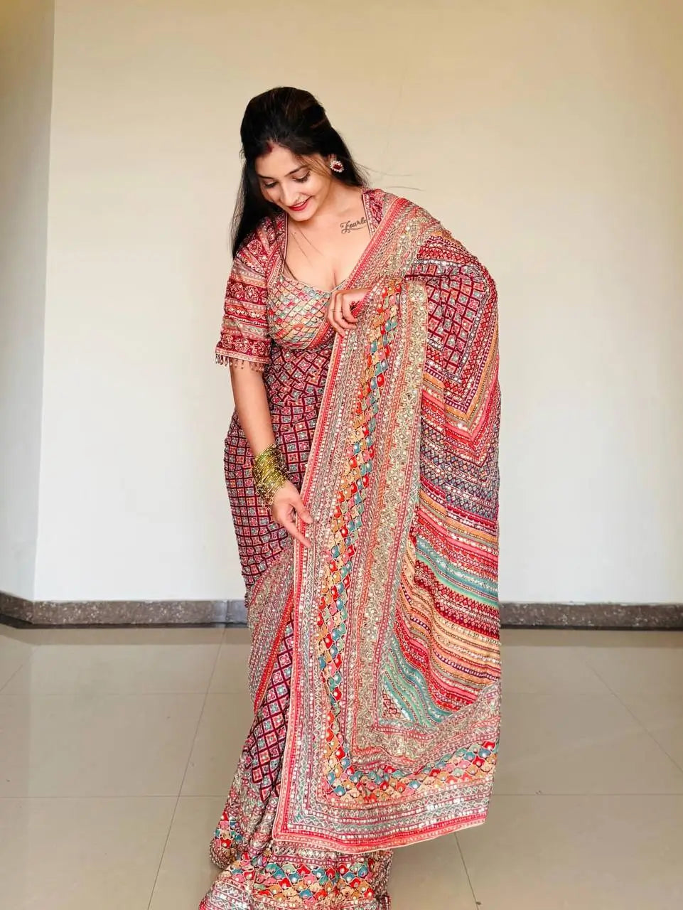 Designer Chinnon Silk Saree with Mirror Work for Festive and Wedding Wear