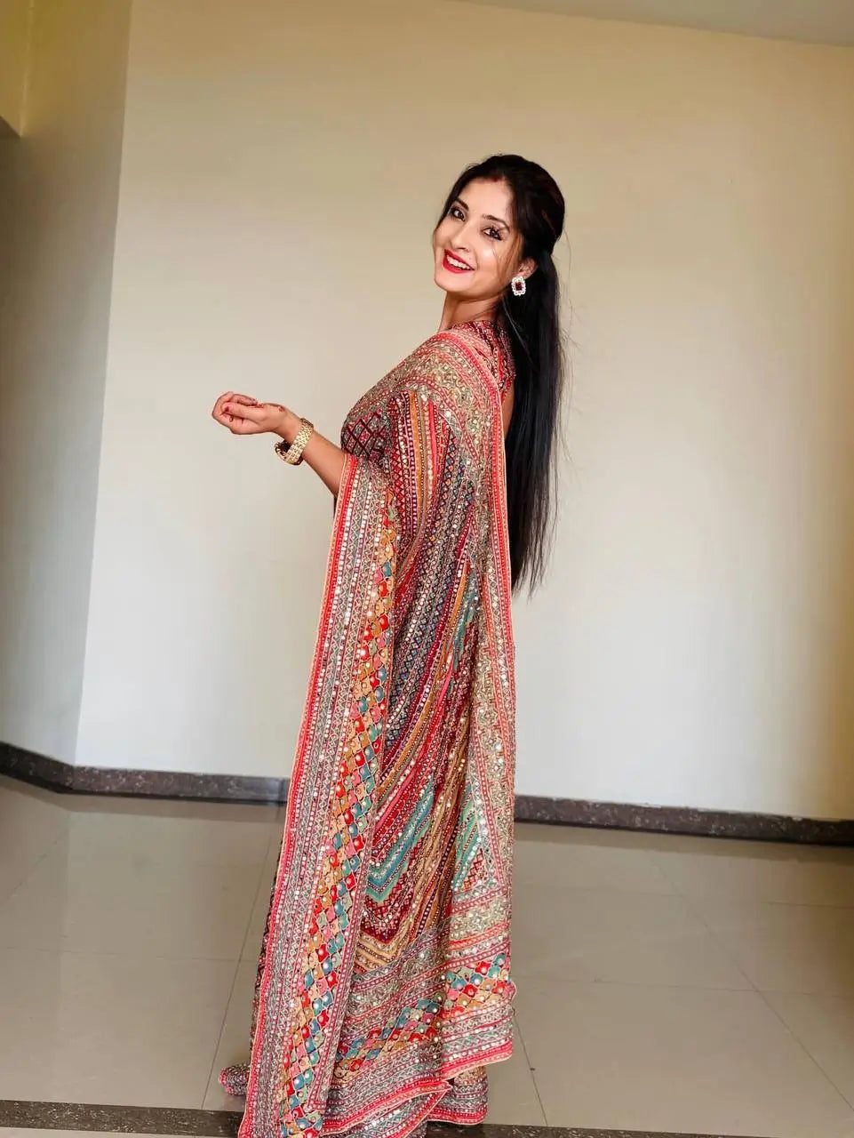 Designer Chinnon Silk Saree with Mirror Work for Festive and Wedding Wear