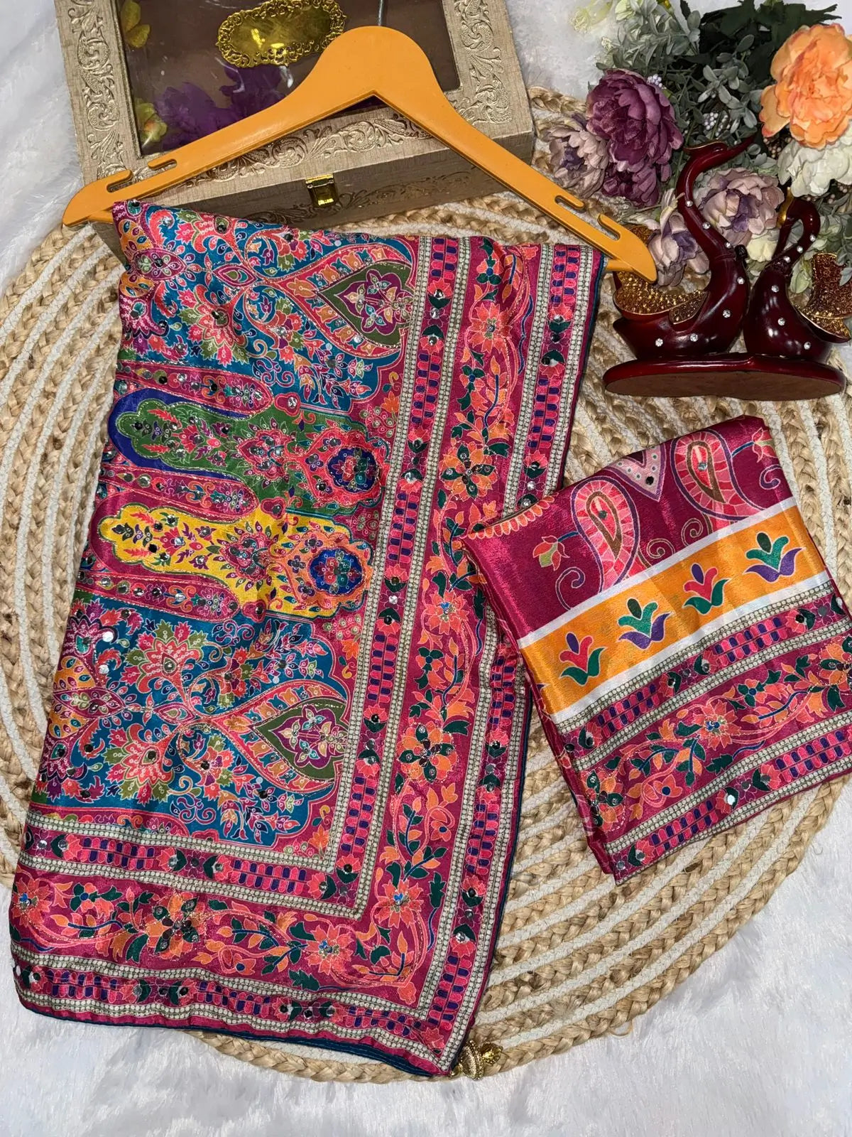 Designer Chinnon Silk Saree with Mirror Work for Festive and Wedding Wear