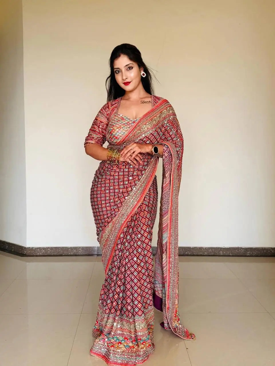 Designer Chinnon Silk Saree with Mirror Work for Festive and Wedding Wear