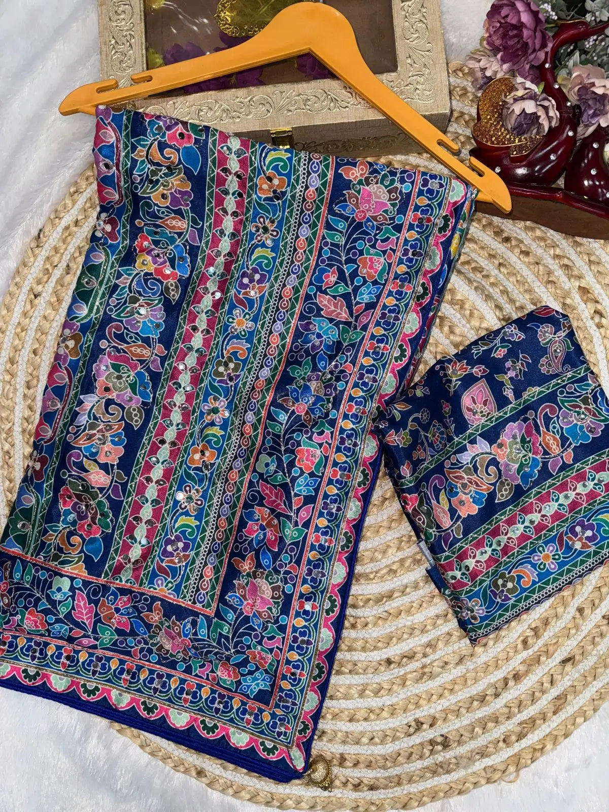 Designer Chinnon Silk Saree with Mirror Work for Festive and Wedding Wear