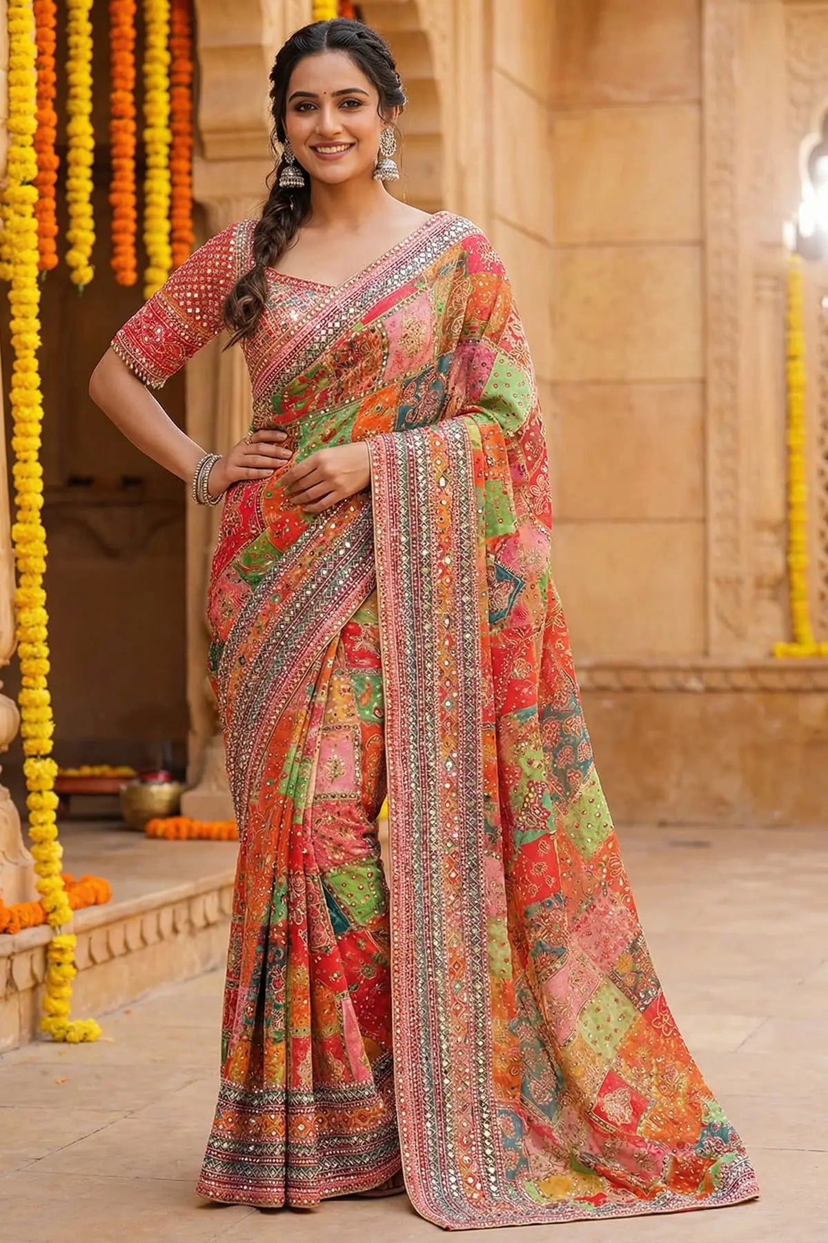 Designer Chinnon Silk Saree with Mirror Work for Festive and Wedding Wear