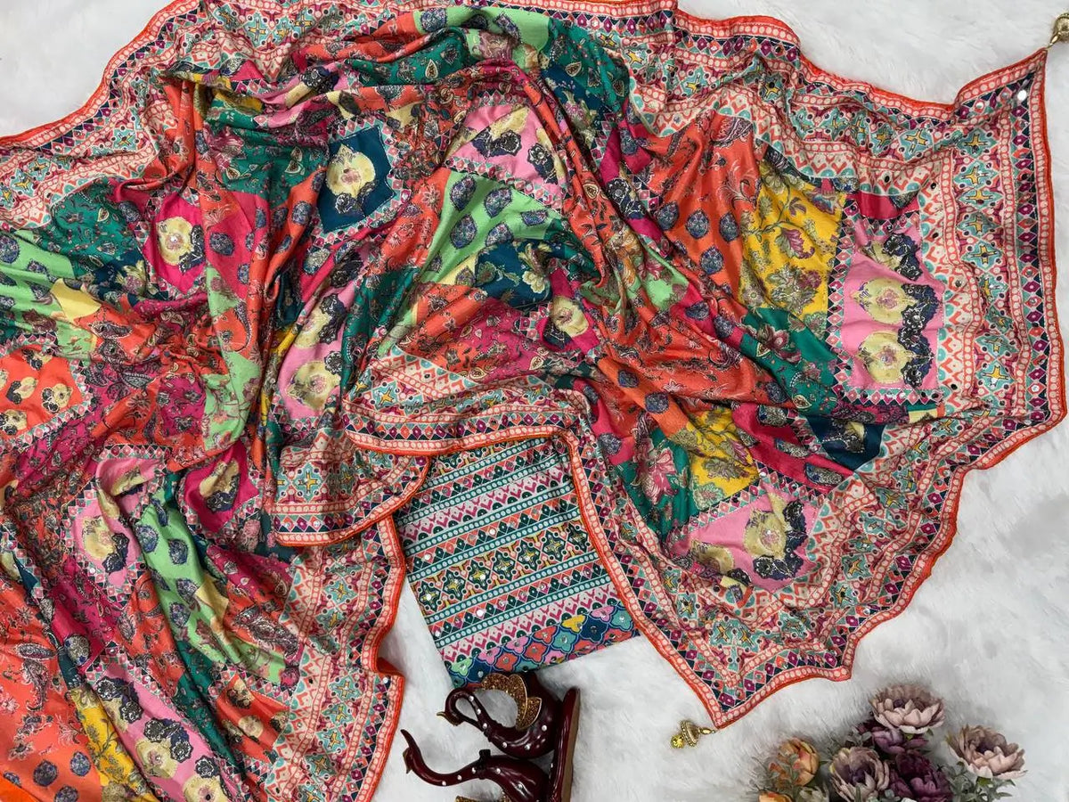 Designer Chinnon Silk Saree with Mirror Work for Festive and Wedding Wear