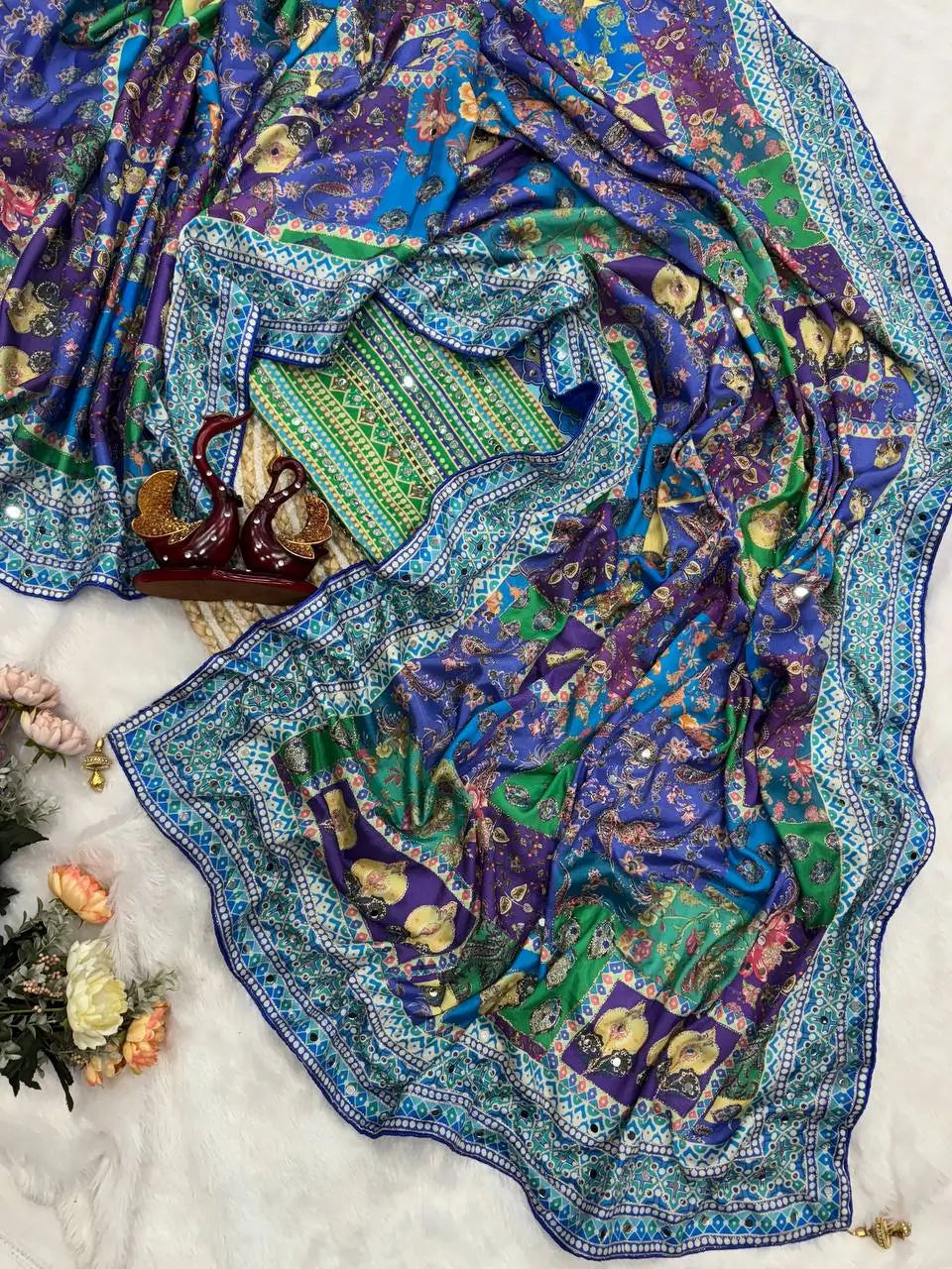 Designer Chinnon Silk Saree with Mirror Work for Festive and Wedding Wear