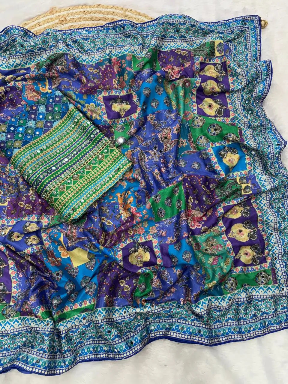 Designer Chinnon Silk Saree with Mirror Work for Festive and Wedding Wear