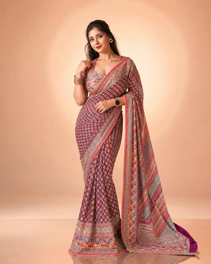 Designer Chinnon Silk Saree with Mirror Work for Festive and Wedding Wear