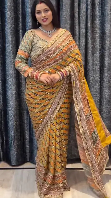 Designer Chinnon Silk Saree with Mirror Work for Festive and Wedding Wear