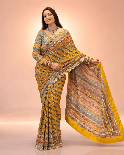 Designer Chinnon Silk Saree with Mirror Work for Festive and Wedding Wear