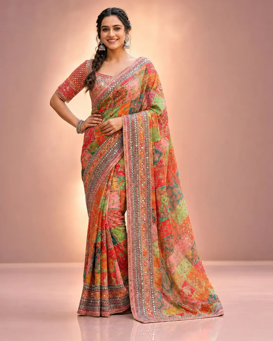 Designer Chinnon Silk Saree with Mirror Work for Festive and Wedding Wear