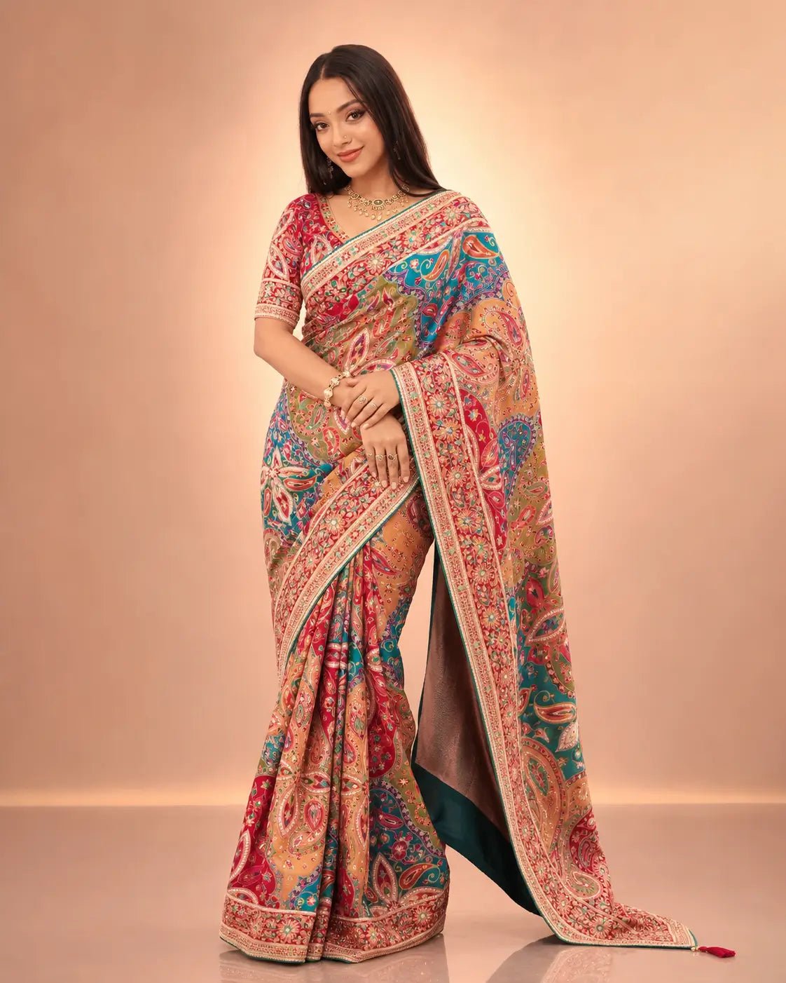 Designer Chinnon Silk Saree with Mirror Work for Festive and Wedding Wear
