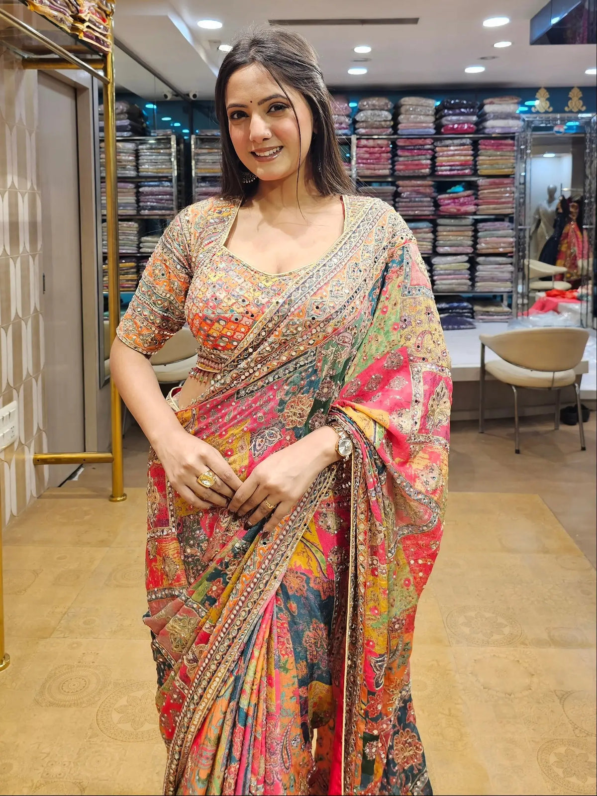 Designer Chinnon Silk Saree with Mirror Work for Festive and Wedding Wear