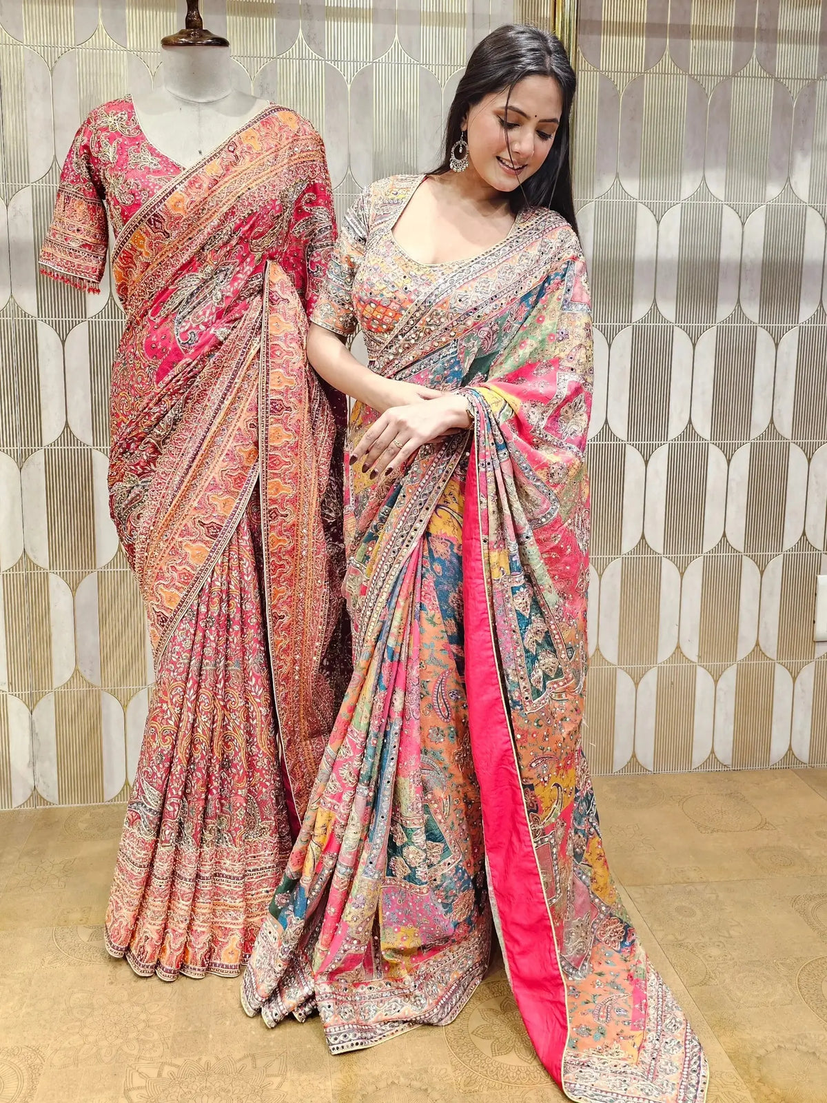 Designer Chinnon Silk Saree with Mirror Work for Festive and Wedding Wear