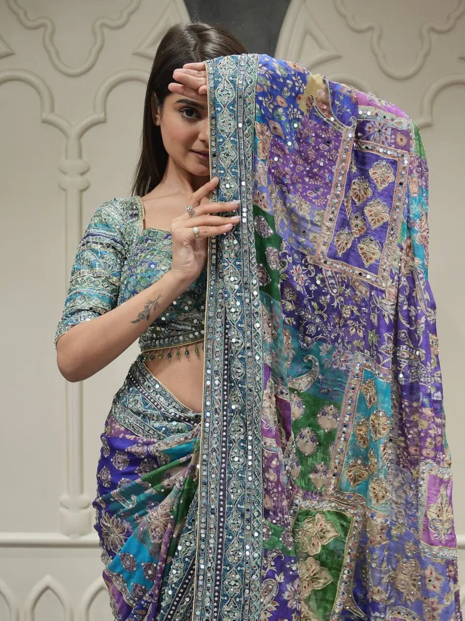 Designer Chinnon Silk Saree with Mirror Work for Festive and Wedding Wear