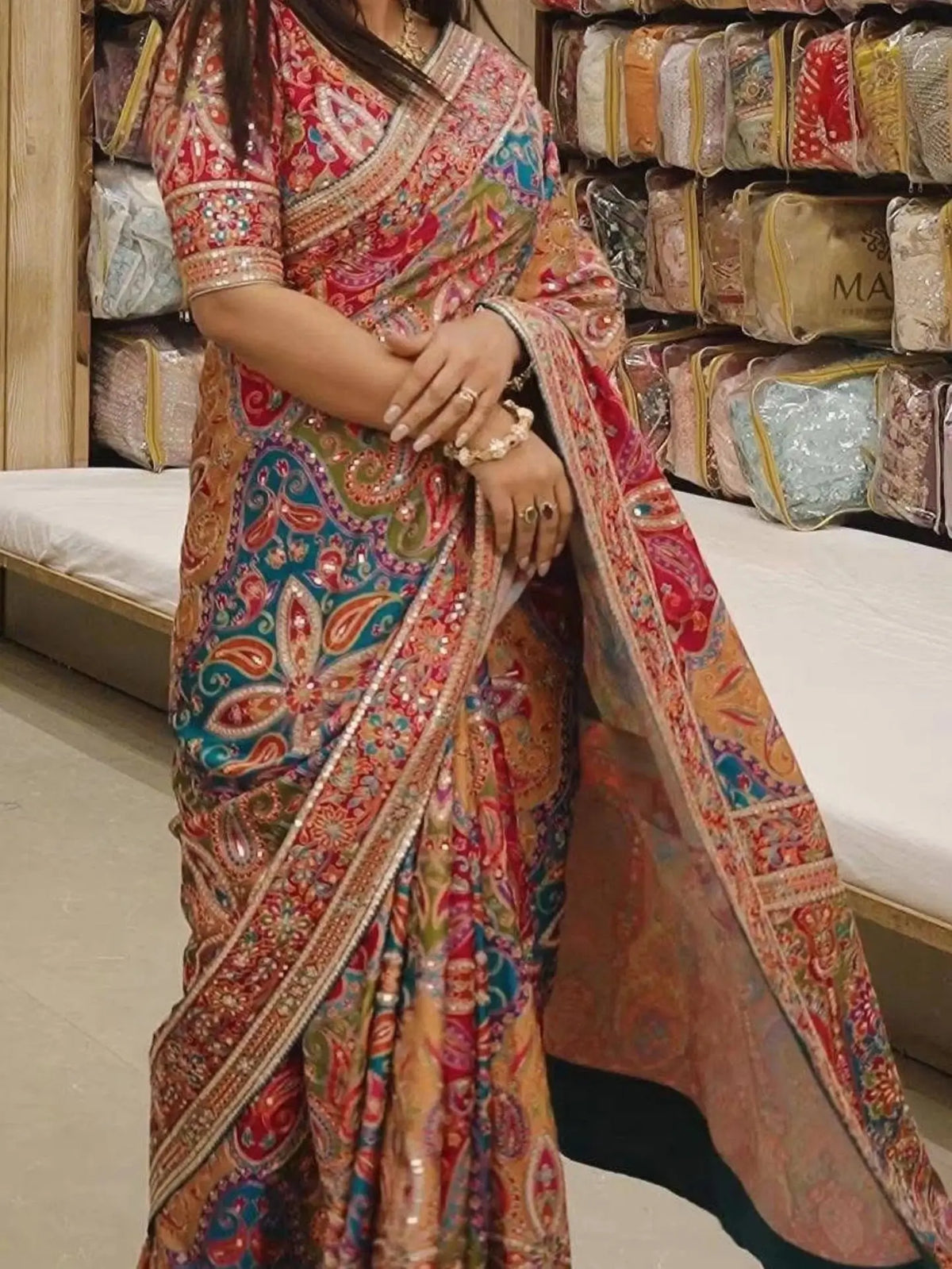 Designer Chinnon Silk Saree with Mirror Work for Festive and Wedding Wear