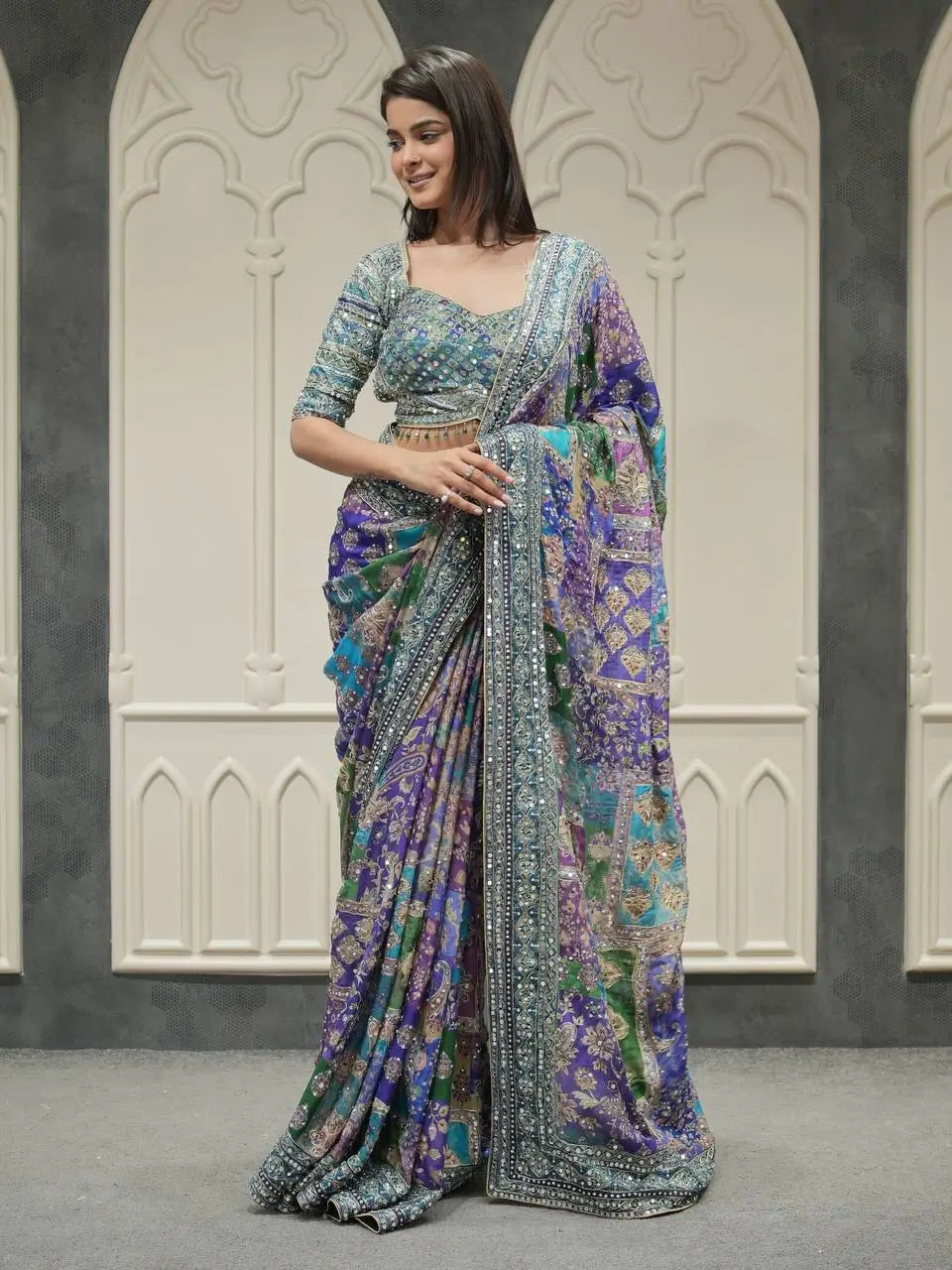 Designer Chinnon Silk Saree with Mirror Work for Festive and Wedding Wear