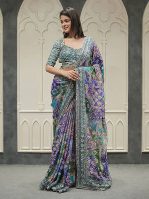 Designer Chinnon Silk Saree with Mirror Work for Festive and Wedding Wear