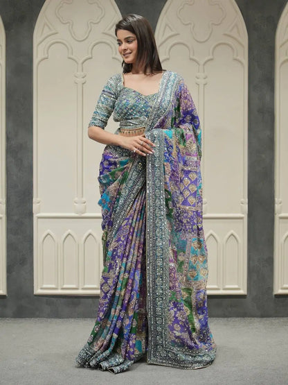 Designer Chinnon Silk Saree with Mirror Work for Festive and Wedding Wear