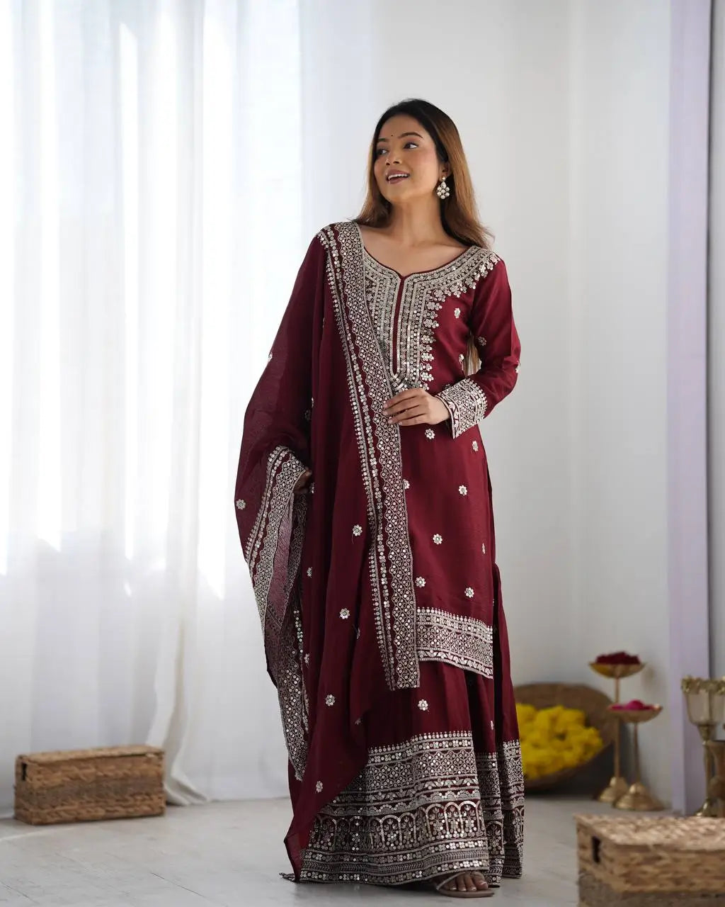 Designer Chinnon Silk Sharara Suit with Embroidery and Dupatta