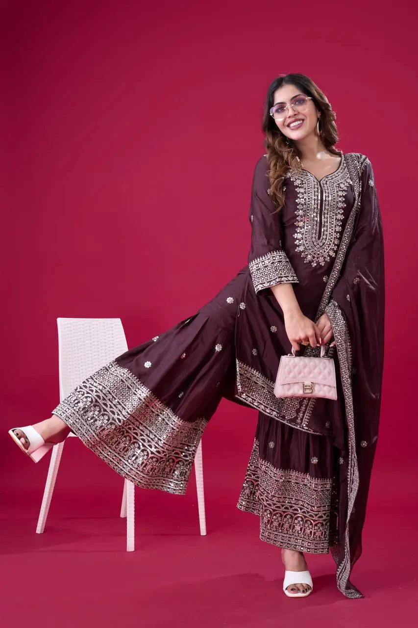 Designer Chinnon Silk Sharara Suit with Embroidery and Dupatta
