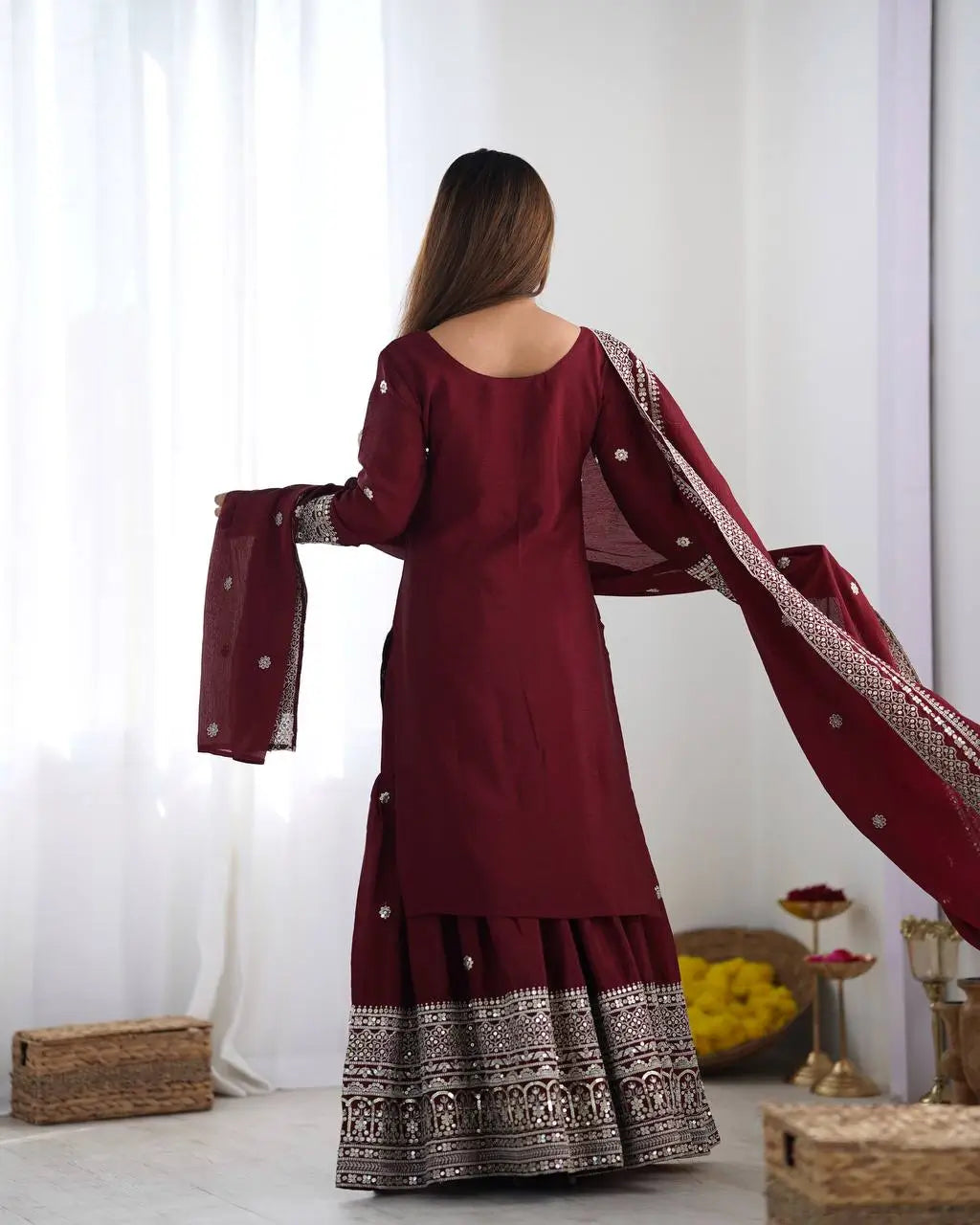 Designer Chinnon Silk Sharara Suit with Embroidery and Dupatta