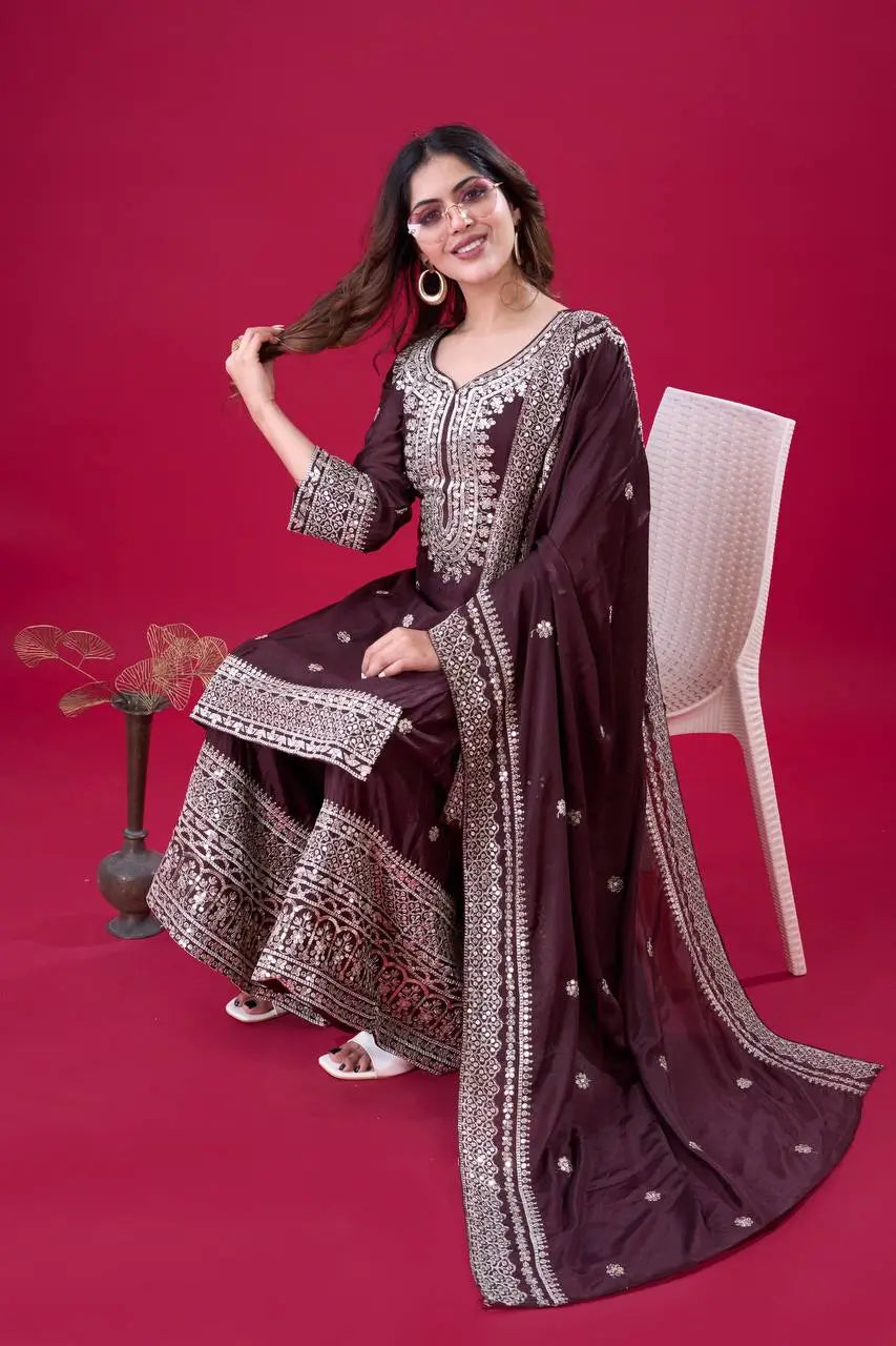 Designer Chinnon Silk Sharara Suit with Embroidery and Dupatta