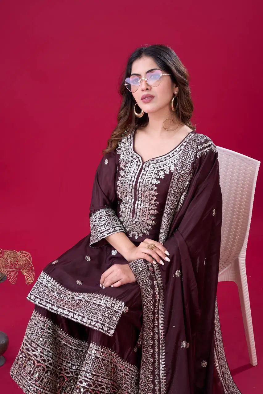 Designer Chinnon Silk Sharara Suit with Embroidery and Dupatta