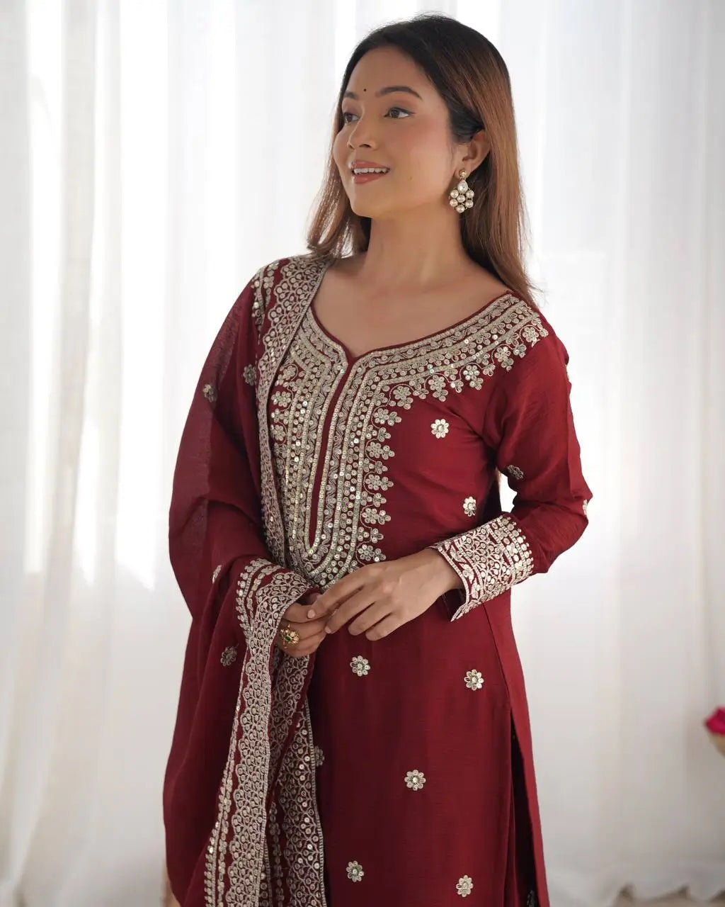 Designer Chinnon Silk Sharara Suit with Embroidery and Dupatta