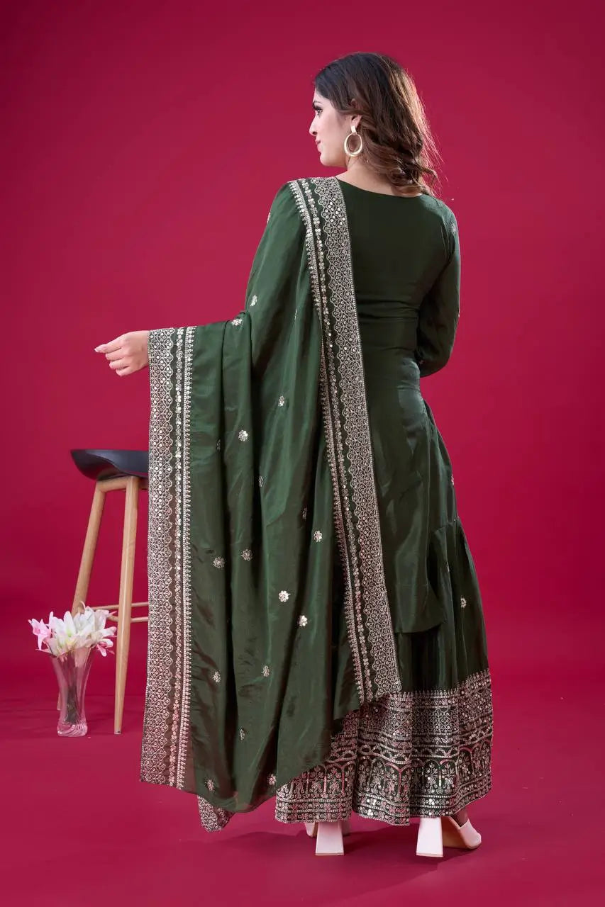 Designer Chinnon Silk Sharara Suit with Embroidery and Dupatta